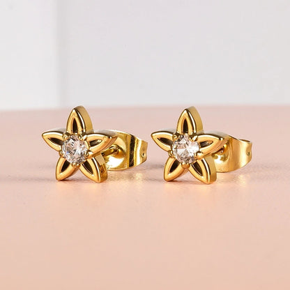 1 Pair Minimalist Classic Style Heart Shape Butterfly Deer Polishing Inlay 304 Stainless Steel Zircon 18K Gold Plated Ear Studs