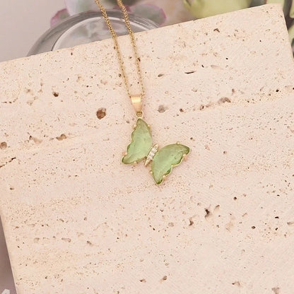 Stainless Steel Glass Copper 18K Gold Plated Cute Butterfly No Inlaid Pendant Necklace