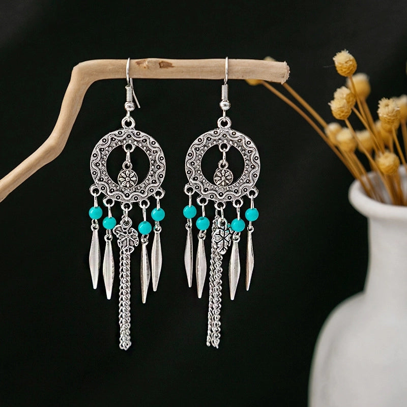 Bohemian Blue Turquoise National Style Earrings Imitation Miao Silver Metal Earrings Vintage Tassel Earrings
