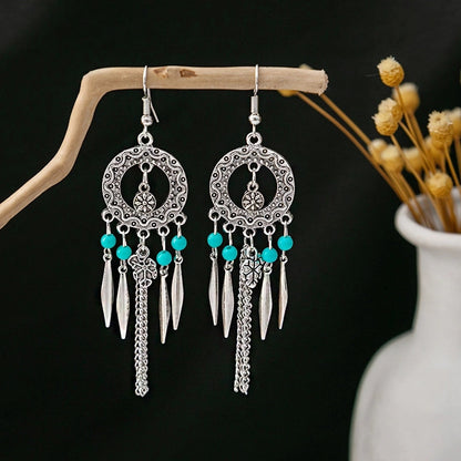 Bohemian Blue Turquoise National Style Earrings Imitation Miao Silver Metal Earrings Vintage Tassel Earrings