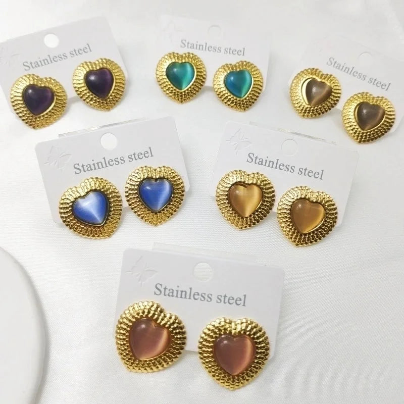 1 Pair Elegant Retro Commute Heart Shape Inlay 304 Stainless Steel Artificial Gemstones Ear Studs