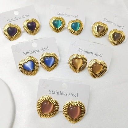 1 Pair Elegant Retro Commute Heart Shape Inlay 304 Stainless Steel Artificial Gemstones Ear Studs