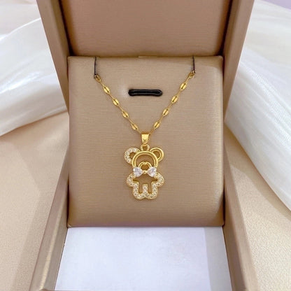 2 Pieces Minimalist Bear Titanium Steel Copper Plating Inlay Zircon Pendant Necklace