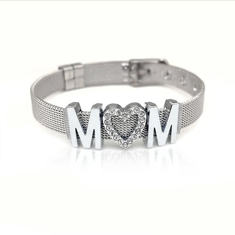 Mama Letter Stainless Steel Inlay Rhinestones Bracelets