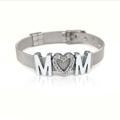 Mama Letter Stainless Steel Inlay Rhinestones Bracelets
