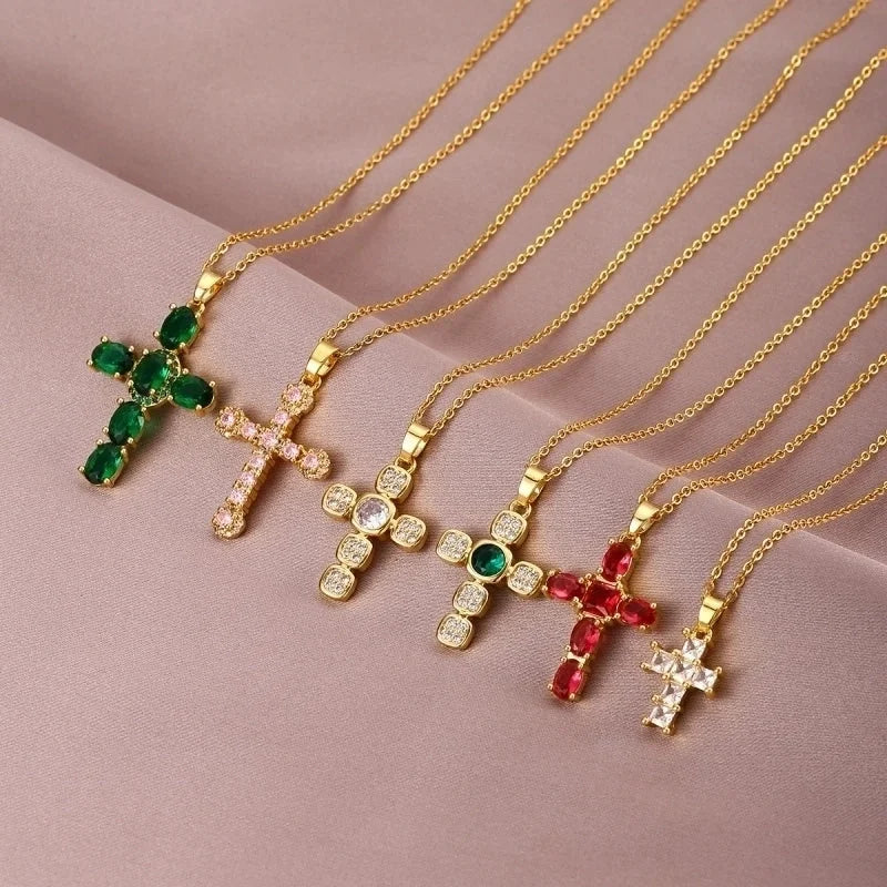 Hip-Hop Retro Cross 304 Stainless Steel Copper Plating Inlay K Gold Plated Zircon Pendant Necklace