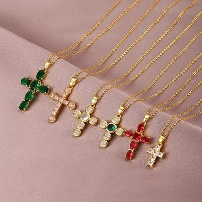 Hip-Hop Retro Cross 304 Stainless Steel Copper Plating Inlay K Gold Plated Zircon Pendant Necklace