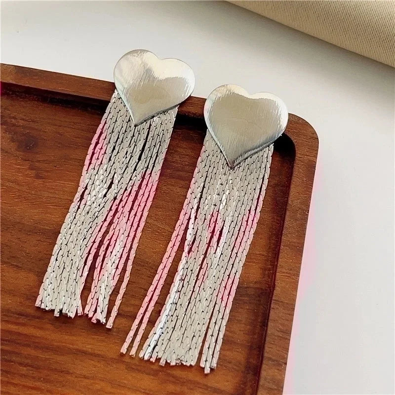 1 Pair Elegant Exaggerated Tassel Heart Shape Plating Titanium Steel Drop Earrings