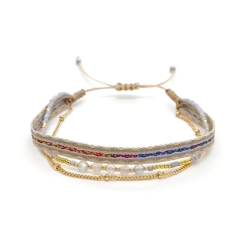 Minimalist Classic Style Color Block Natural Stone Layered Knitting 18k Gold Plated Bracelets