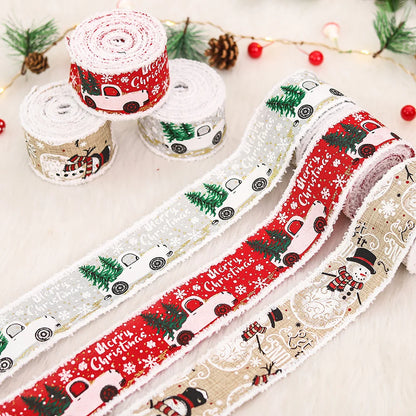 Christmas Decoration Printed Frayed Edge Ribbon Gift Box Packaging Ribbon Christmas Gift Packaging Ribbon