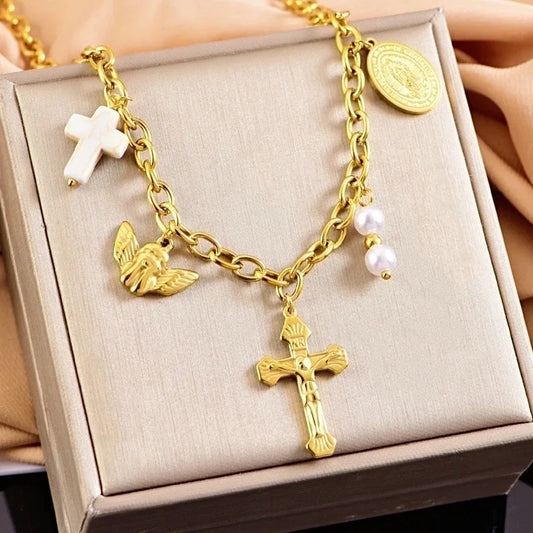Retro Classic Style Cross 304 Stainless Steel Plating Multi Charms Necklace