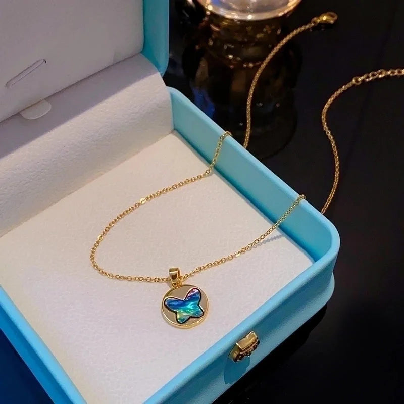 Elegant Shiny Heart Shape Butterfly 304 Stainless Steel Copper Plating Inlay 18K Gold Plated Acrylic Zircon Pendant Necklace