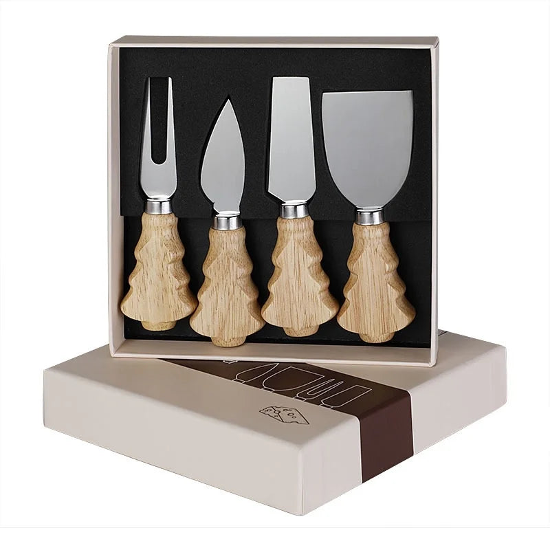 Knife Suit Stainless Steel Butter Knife Cheese Knife Rubber Wood Christmas Tree Cheese Knife Suit 4-piece Set