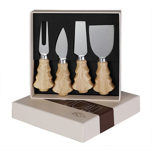 Knife Suit Stainless Steel Butter Knife Cheese Knife Rubber Wood Christmas Tree Cheese Knife Suit 4-piece Set