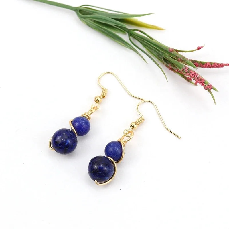 1 Pair Casual Pastoral Gourd Beaded Natural Stone Copper Drop Earrings