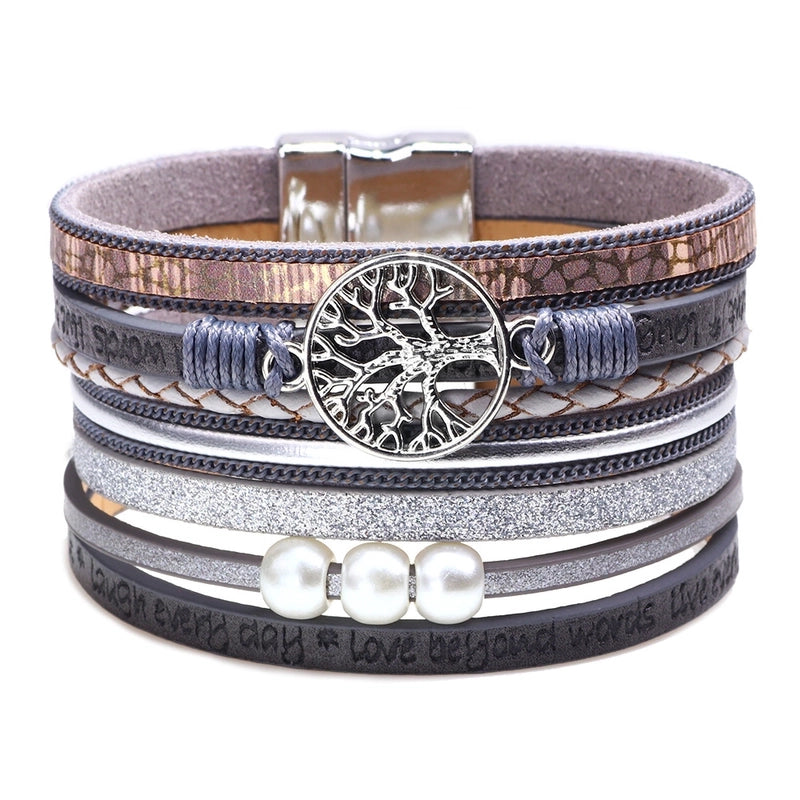 Fashion Hollow Tree Of Life Embossed Letters Pearl Bracelet