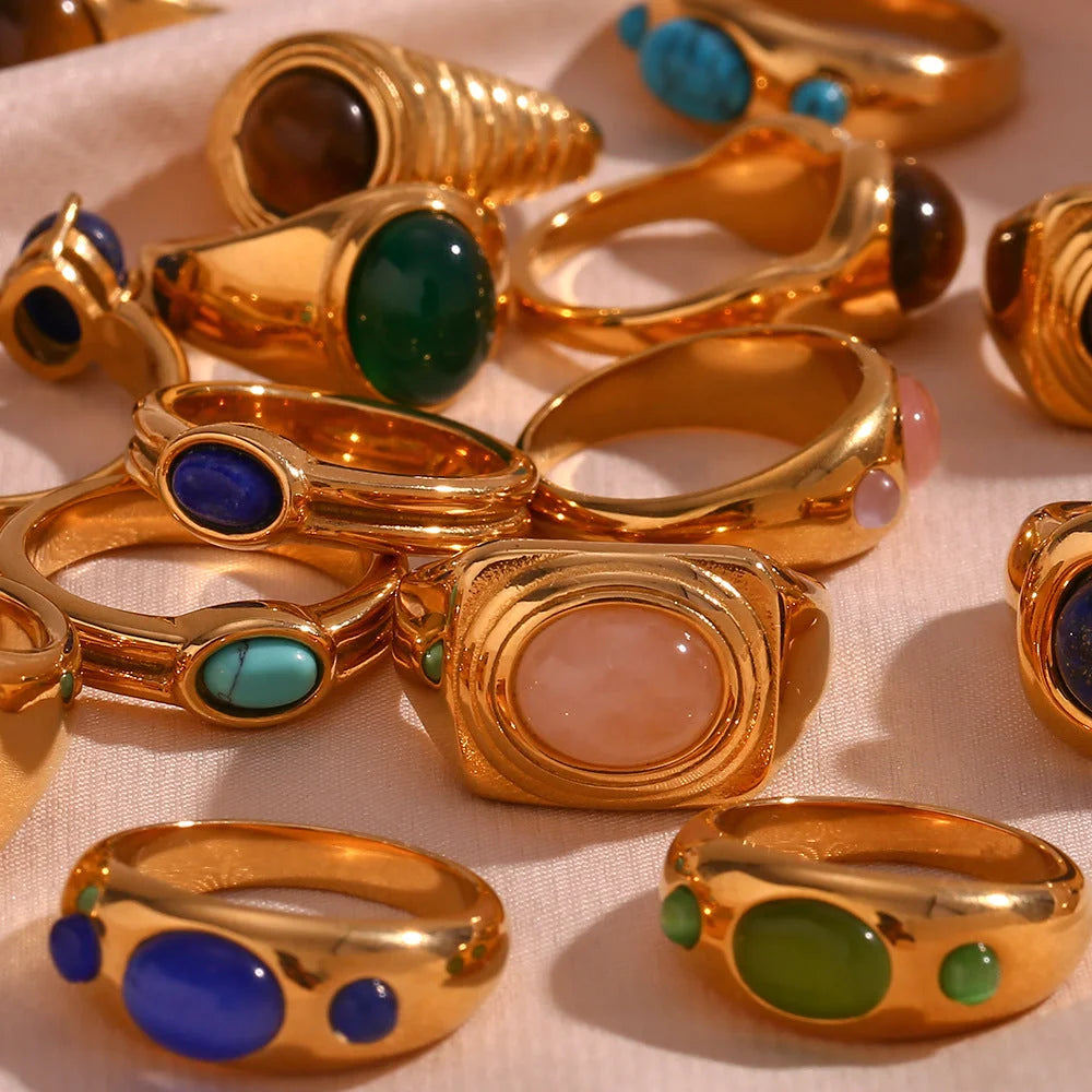 Minimalist Fashion Ellipse Quadrilateral Round Geometric Stainless Steel 18K Gold Plated Rings