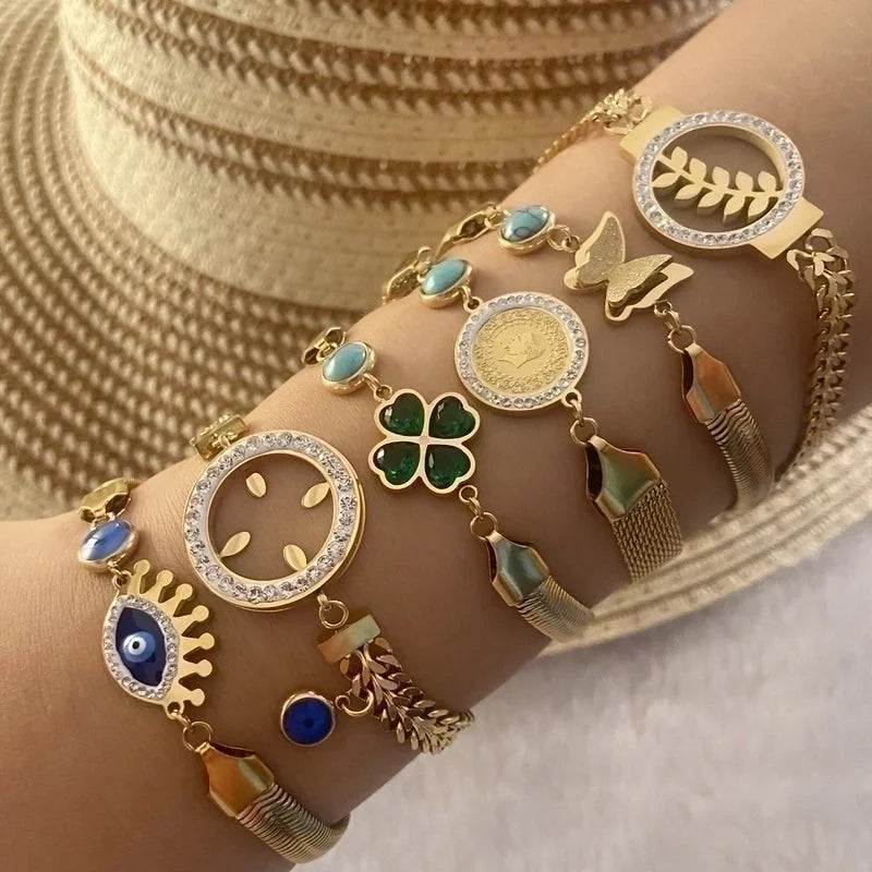 Retro Bohemian Eye Flower Stainless Steel 18K Gold Plated Artificial Gemstones Bracelets In Bulk