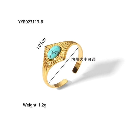 304 Stainless Steel 18K Gold Plated Retro Plating Inlay Water Droplets Turquoise Open Rings