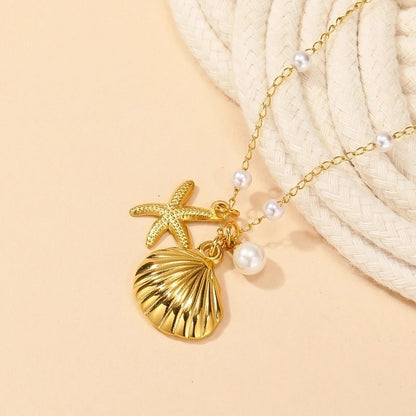 Basic Streetwear Starfish Shell Titanium Steel Artificial Pearls 18K Gold Plated Inlay Pendant Necklace