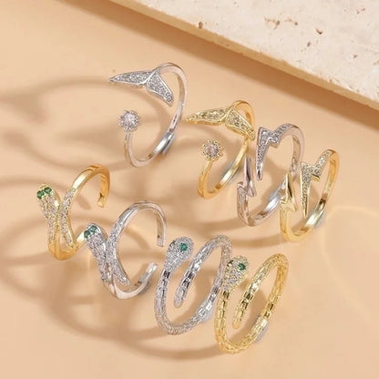 Elegant Snake Lightning Fish Tail Copper Plating Inlay Zircon 14k Gold Plated Open Ring