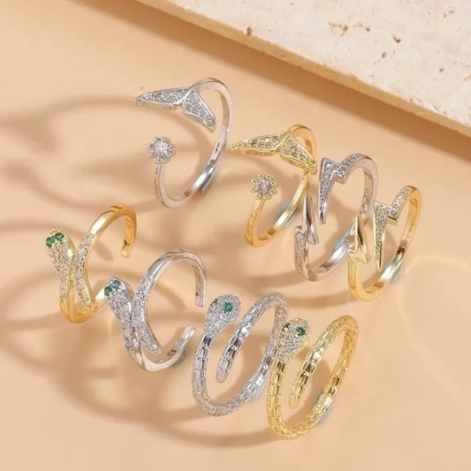 Elegant Snake Lightning Fish Tail Copper Plating Inlay Zircon 14k Gold Plated Open Ring