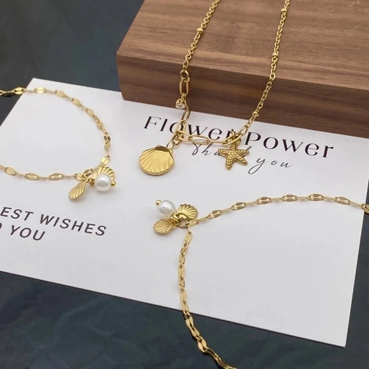 Elegant Lady Streetwear Scallop Starfish Titanium Steel Rhinestones Plating Inlay Bracelets Anklet Necklace