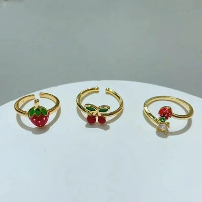 IG Style Sweet Cherry Strawberry Copper Zircon 18K Gold Plated Plating Inlay Open Rings