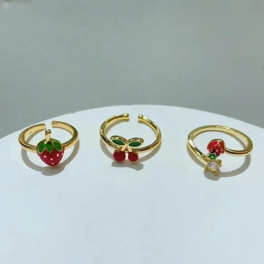 IG Style Sweet Cherry Strawberry Copper Zircon 18K Gold Plated Plating Inlay Open Rings