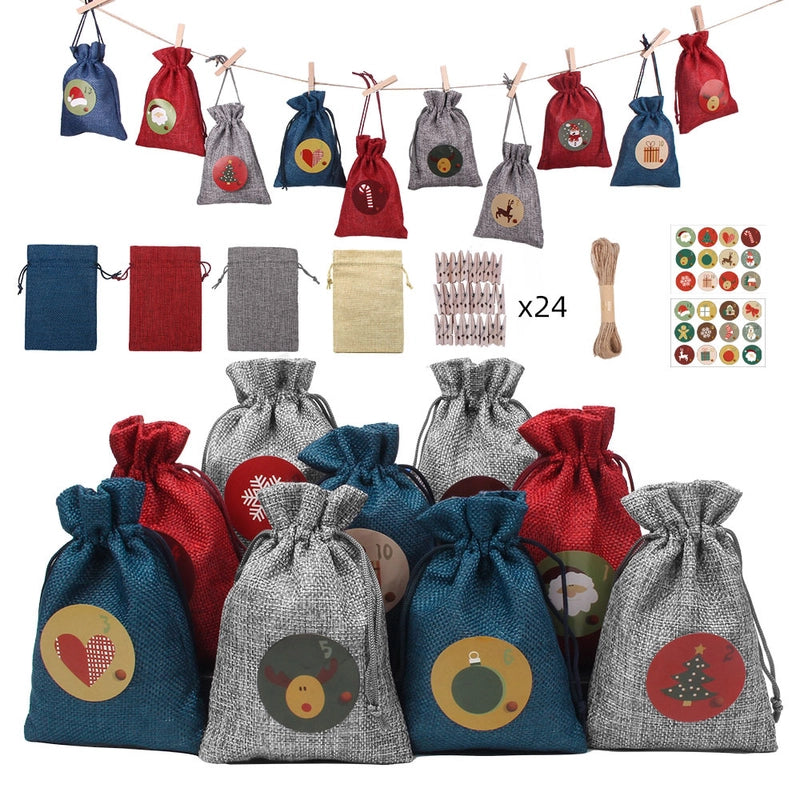 Christmas Bag Linen Drawstring Colorful Cartoon Gift Bag Amazon Christmas Suit 24 Candy Gift Bags