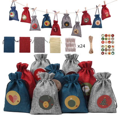 Christmas Bag Linen Drawstring Colorful Cartoon Gift Bag Amazon Christmas Suit 24 Candy Gift Bags