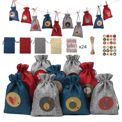Christmas Bag Linen Drawstring Colorful Cartoon Gift Bag Amazon Christmas Suit 24 Candy Gift Bags