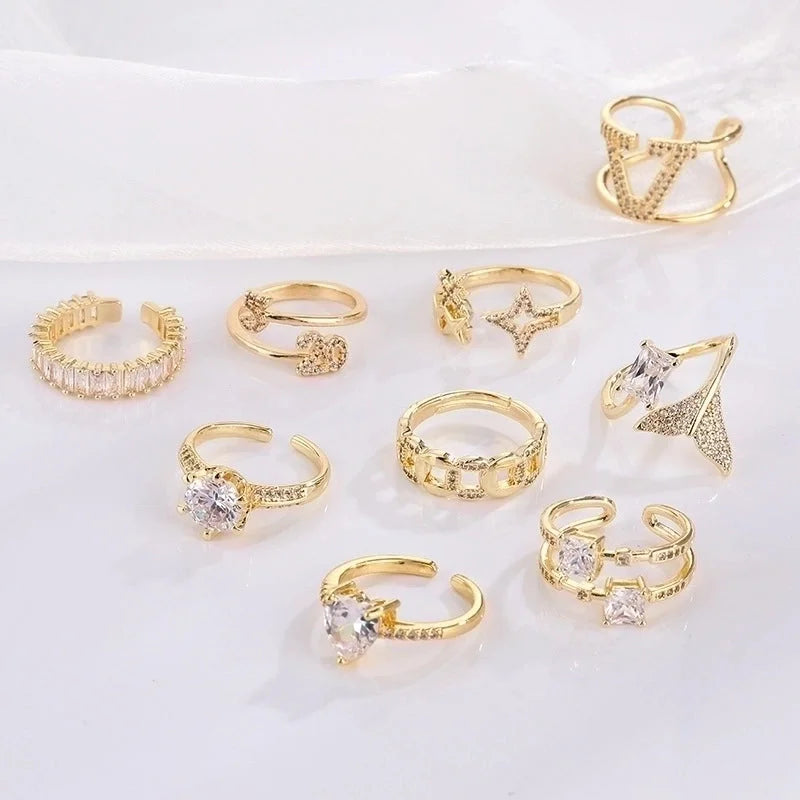 Classic Style Geometric Copper Plating Inlay Zircon 18k Gold Plated Open Ring