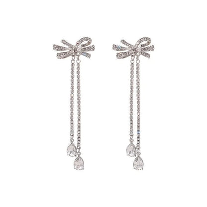 Fashion Star Butterfly Bow Knot Imitation Pearl Copper Tassel Rhinestones Drop Earrings 1 Pair