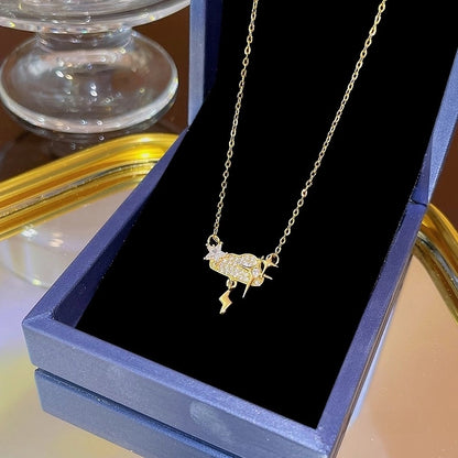 Elegant Classic Style Geometric Moon Bow Knot Titanium Steel Zircon Pendant Necklace