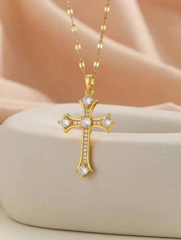 Copper Inlay Cross Rhinestones Pendant Necklace