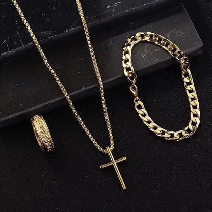 Tem Hot Hip Hop Cuban Chain Cross Necklace Bracelet Ring 3 Piece Set Suit In Stock