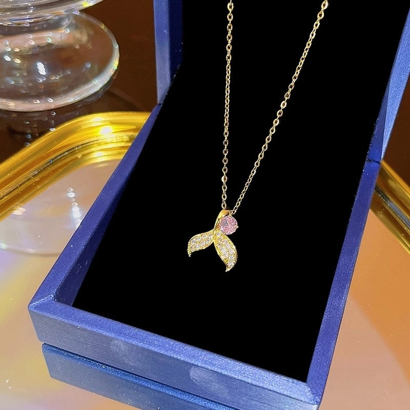 Elegant Classic Style Geometric Moon Bow Knot Titanium Steel Zircon Pendant Necklace