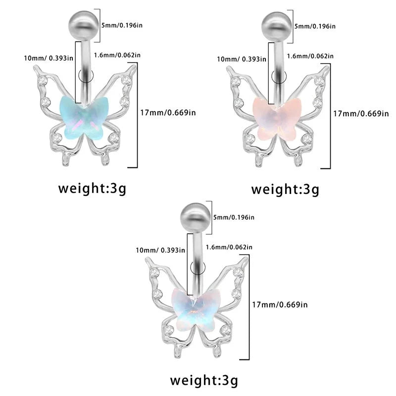 1 Piece Belly Rings Elegant Cute Tropical Butterfly 316L Stainless Steel Alloy Rhinestone Plating Inlay Acrylic White Gold Plated