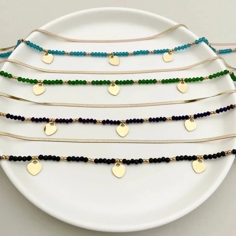Bohemian Heart Shape 304 Stainless Steel Crystal Beads Gold Plated Plating Stainless Steel Necklaces
