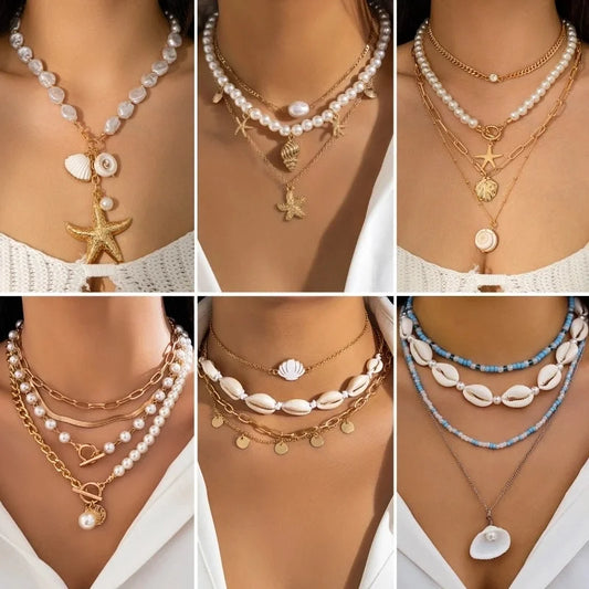 Elegant Marine Style Streetwear Scallop Starfish Imitation Pearl Alloy Copper Layered Necklaces