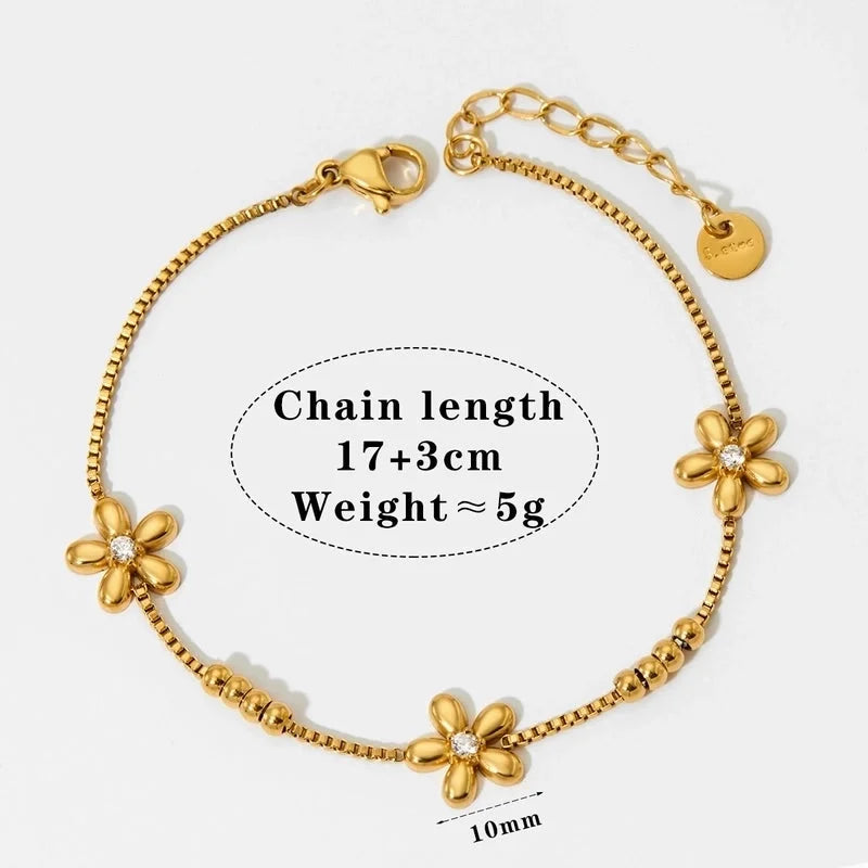 Modern Style Sweet Flower 304 Stainless Steel 16K Gold Plated White Gold Plated Box Chain Bracelets In Bulk