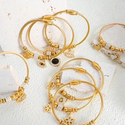 Casual Minimalist Star Heart Shape Butterfly Titanium Steel 18K Gold Plated Rhinestones Bangle In Bulk