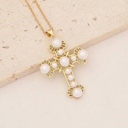 Commute Cross Copper Inlay 18K Gold Plated Zircon Pendant Necklace