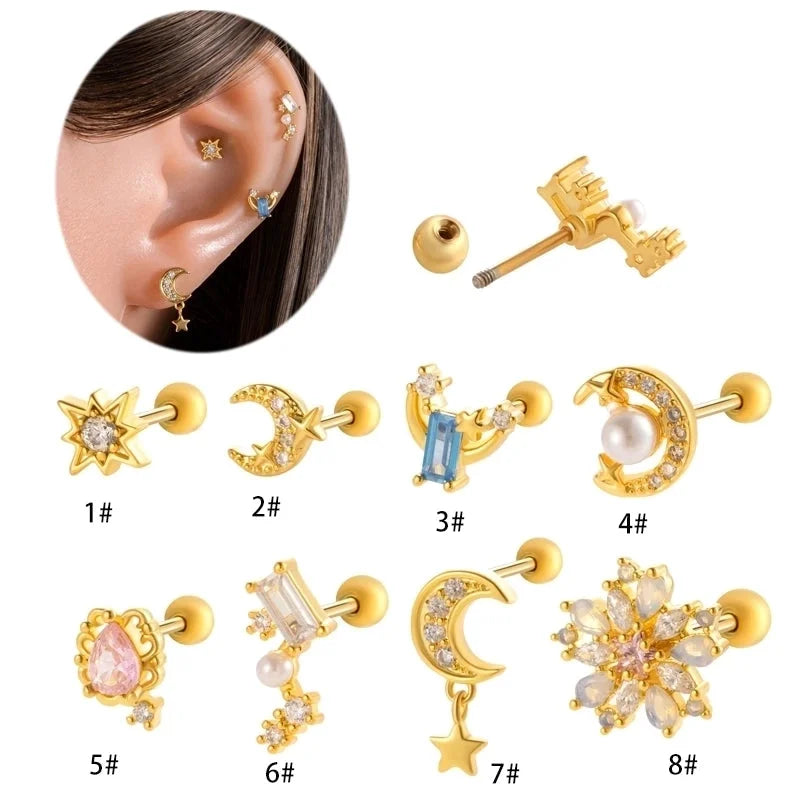 Henson New Copper Inlaid Zircon Star Moon Flower Screw Thin Rod Titanium Steel Ear Bone Stud Cartilage Piercing Earrings