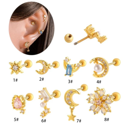 Henson New Copper Inlaid Zircon Star Moon Flower Screw Thin Rod Titanium Steel Ear Bone Stud Cartilage Piercing Earrings