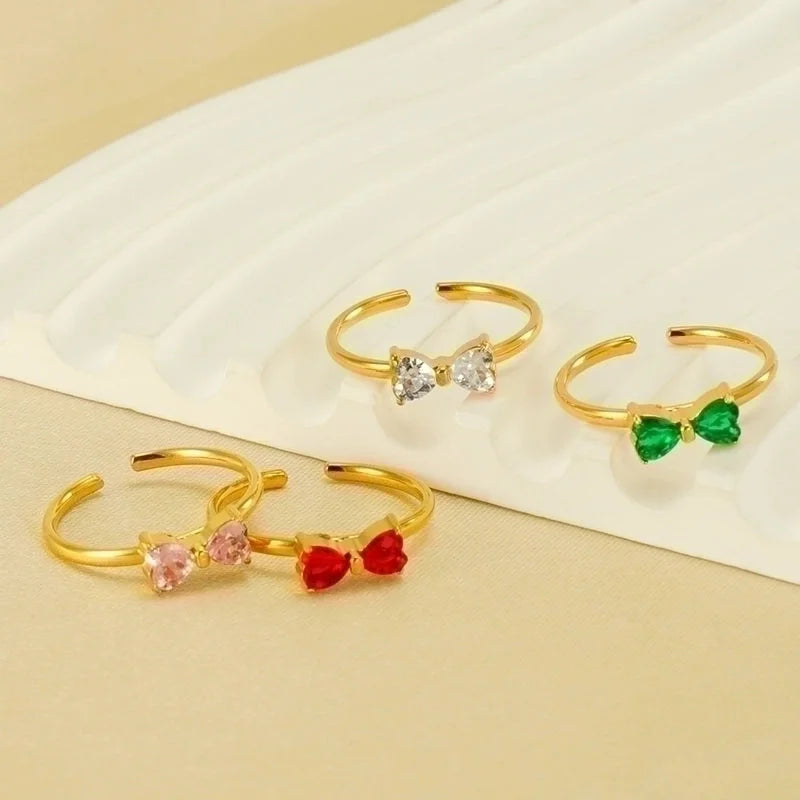304 Stainless Steel 18K Gold Plated Retro Sweet Plating Inlay Bow Knot Zircon Open Rings
