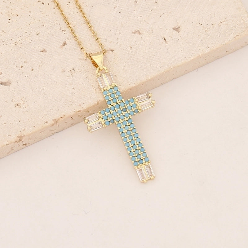 Commute Cross Copper Inlay 18K Gold Plated Zircon Pendant Necklace