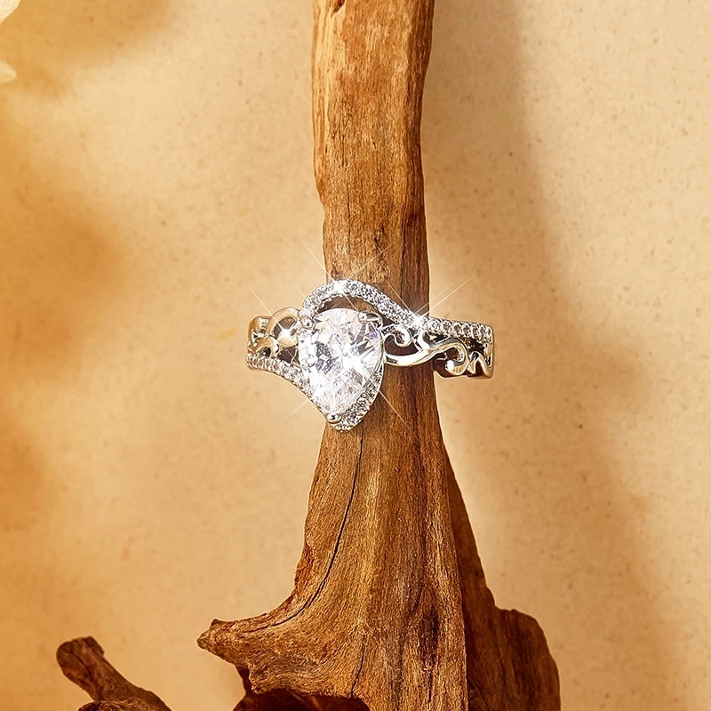 Modern Style Water Droplets Copper Plating Hollow Out Inlay Rhinestones Zircon White Gold Plated Rings