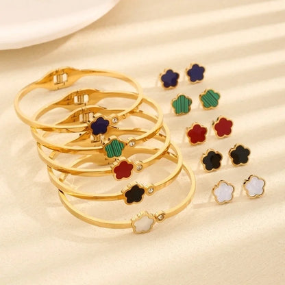 Vintage Style Minimalist Flower 304 Stainless Steel Acrylic Zircon 18K Gold Plated Inlay Jewelry Set